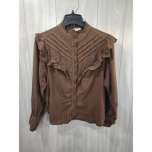 Womens Top Sz L Western Lace Embroidered Women's LOF Prairie Cowgirl Boho Brown